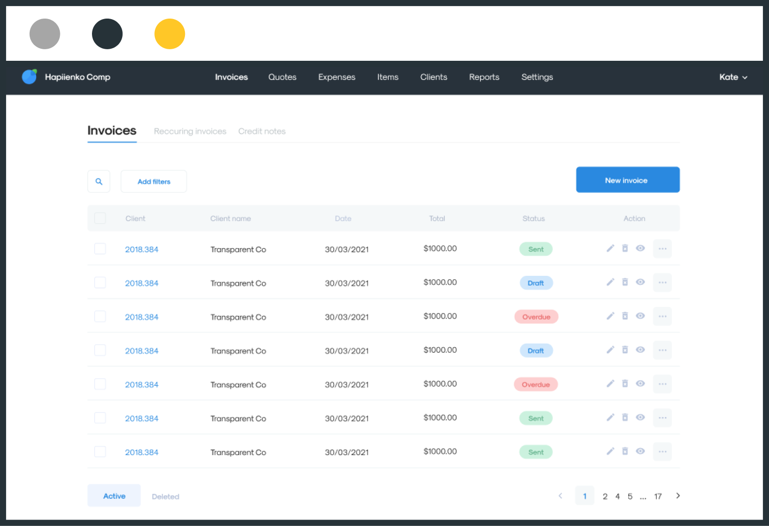 InvoiceBerry invoices page with client invoices